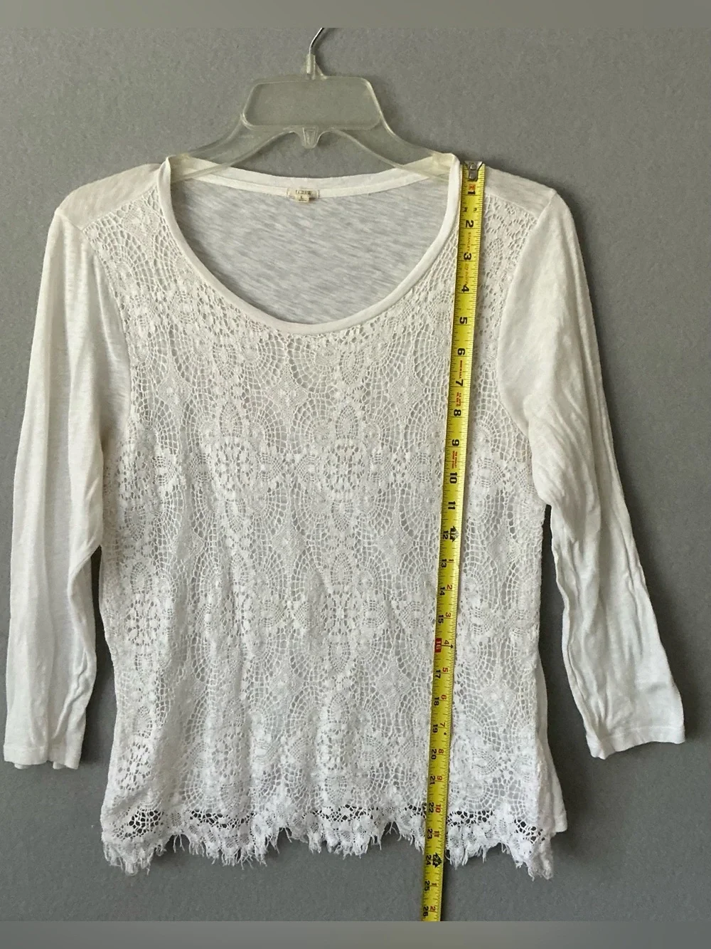 J CREW White Crochet Lace Front Fringe Hem Top Scoop Neck Long Sleeve L Boho